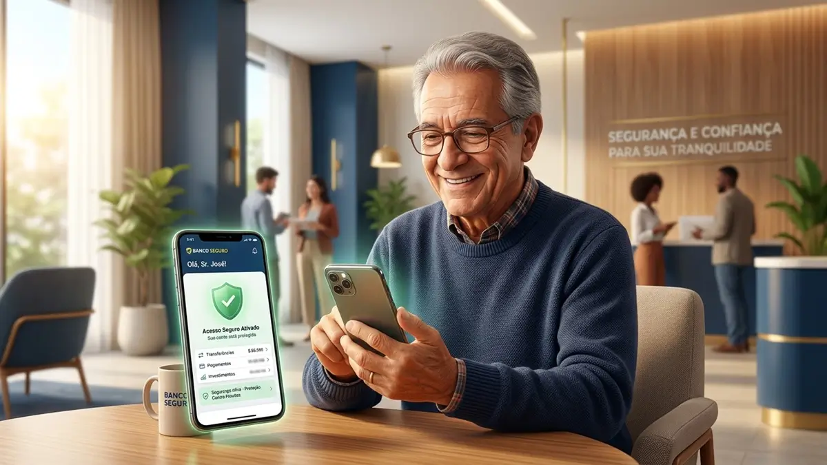Pessoa idosa utilizando aplicativo de banco no celular com segurança